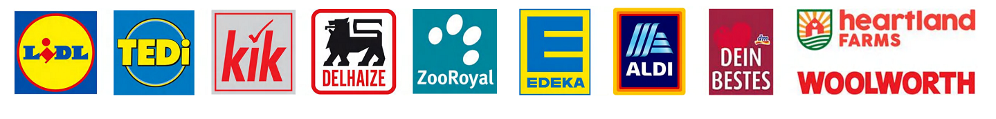 Retail partners: Lidl, TEDi, kik, Delhaize, ZooRoyal, Edeka, Aldi, and more